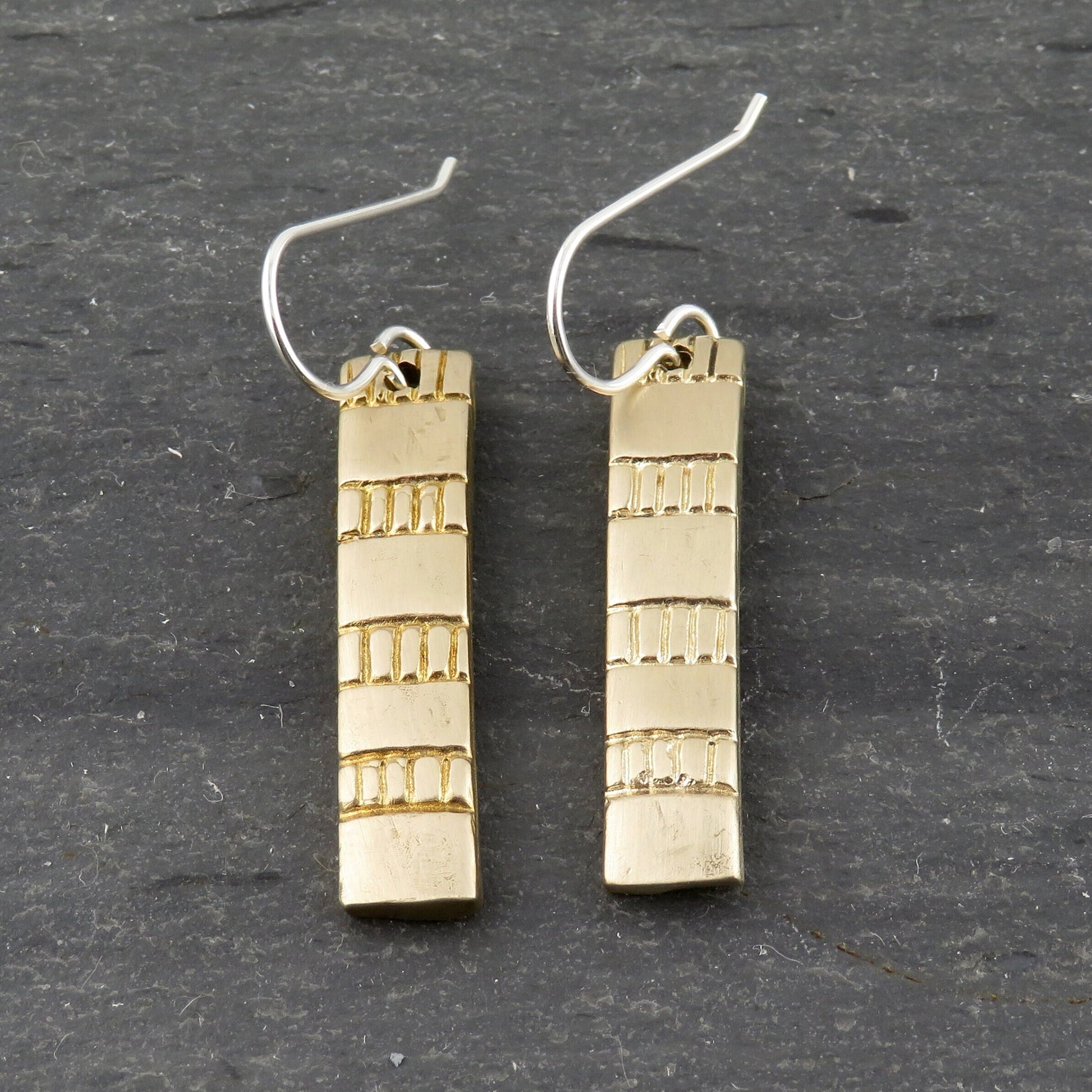 Gold Rectangle Earrings | Hammered Bronze Earring | Rustic Earrings | Rectangle Drop Earrings | Etched Bronze Geometric Earrings