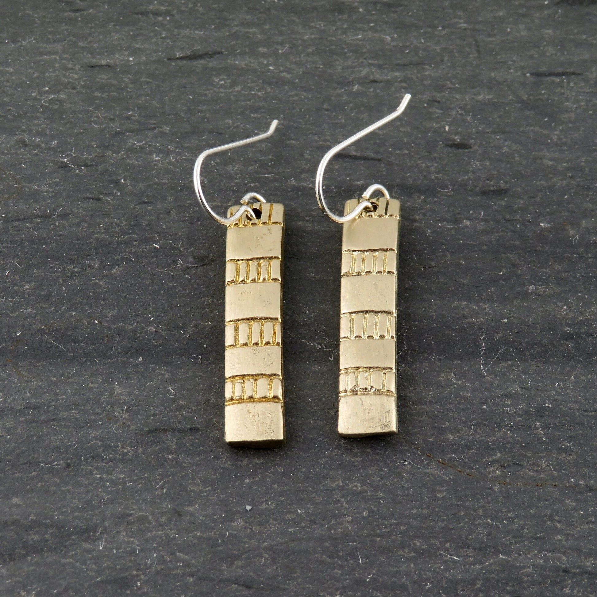 Gold Rectangle Earrings | Hammered Bronze Earring | Rustic Earrings | Rectangle Drop Earrings | Etched Bronze Geometric Earrings