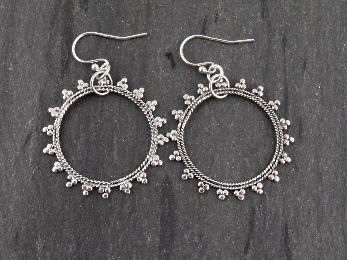 Sterling Mandala Earrings, Silver Hoop Earrings, Silver Granulated Earrings, Sterling Open Mandala Circle Earrings, Boho Silver Earrings