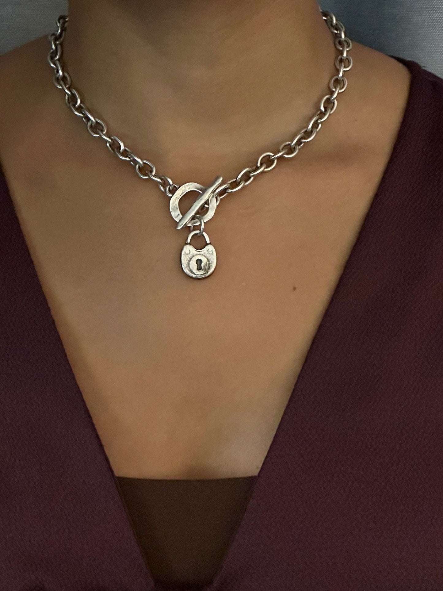 Chunky Lock Necklace | Silver Padlock Pendant | Chunky Silver Lock | Front Toggle Lock Necklace | Chunky Jewelry | Rustic Lock Charm