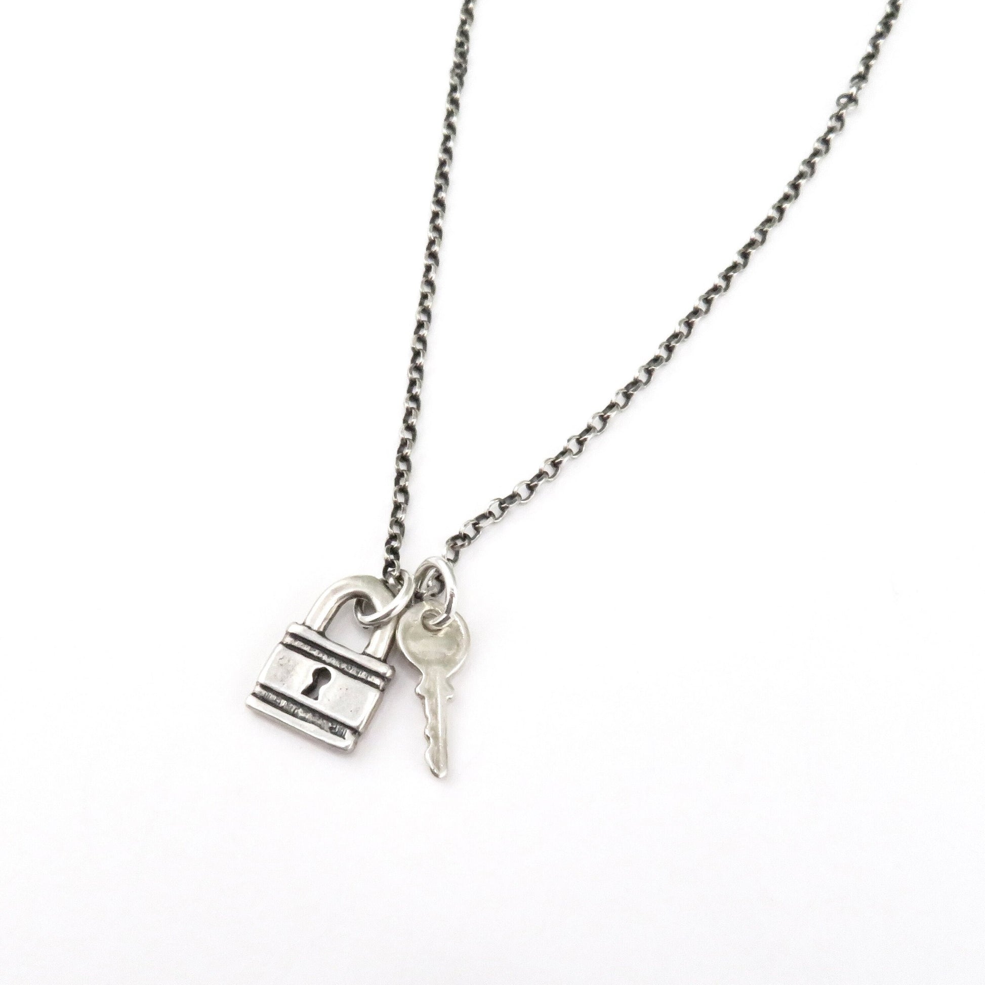 Sterling Lock and Key Necklace | Lock Key Pendants | Silver Padlock Necklace | Sterling Rustic Lock Pendant | Small Lock Key Necklace