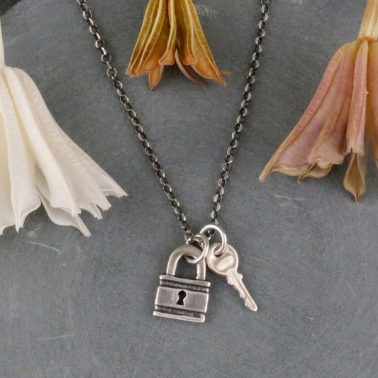 Sterling Lock and Key Necklace | Lock Key Pendants | Silver Padlock Necklace | Sterling Rustic Lock Pendant | Small Lock Key Necklace