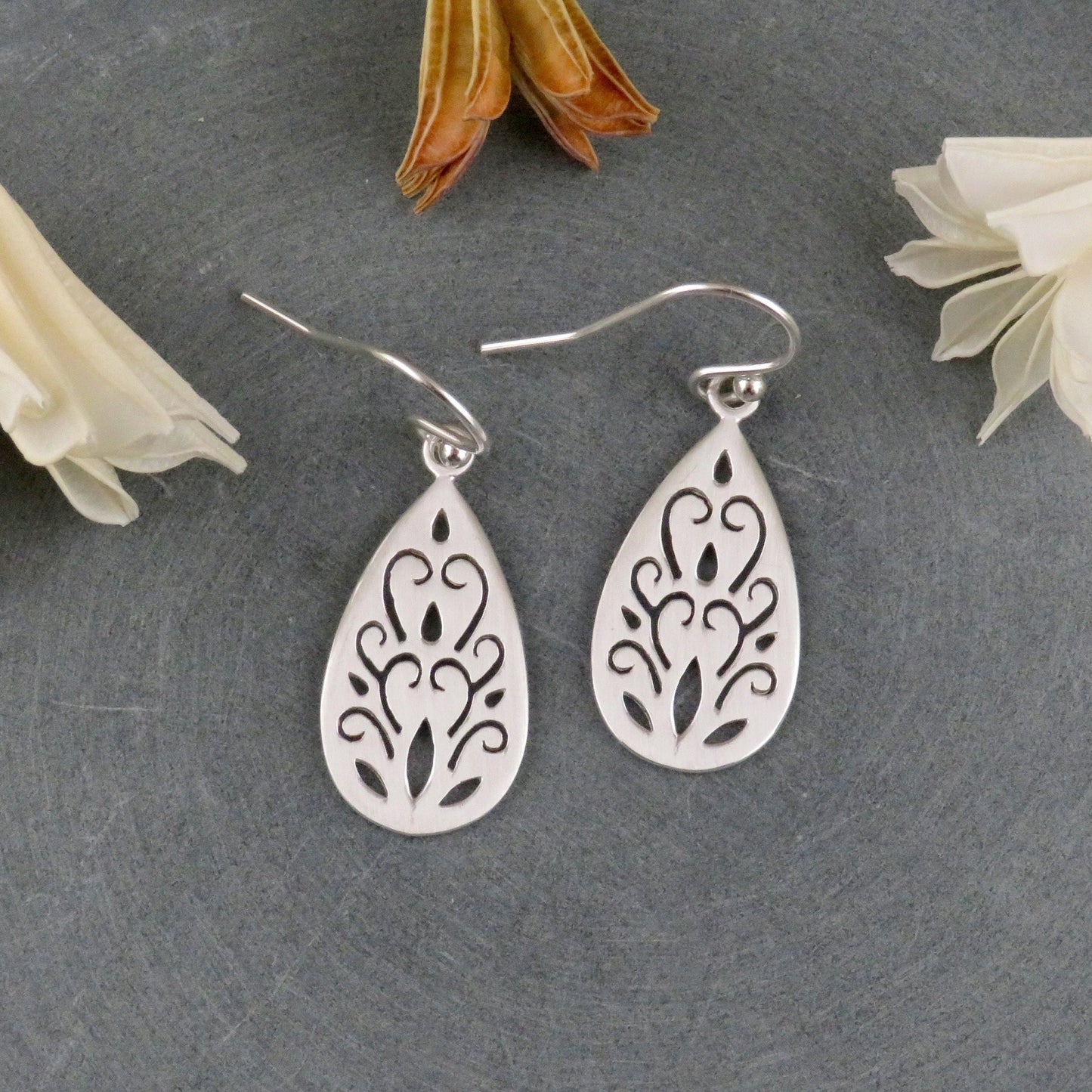 Sterling Teardrop Earrings | Cutout Silver Earrings | Sterling Silver Floral Earrings | Silver Romantic Earrings | Everyday Silver Earrings