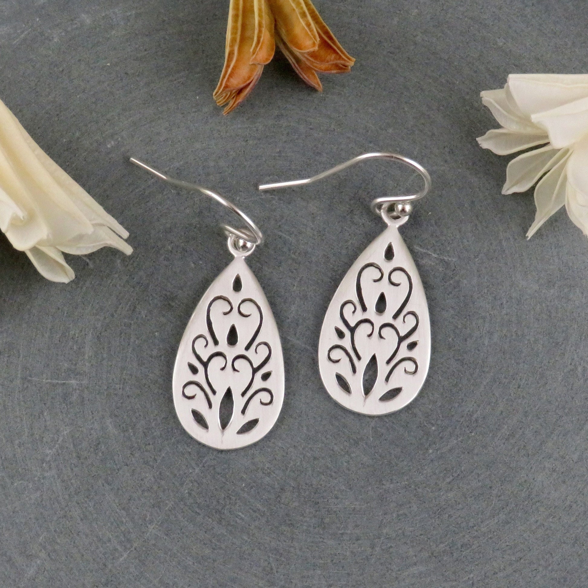 Sterling Teardrop Earrings | Cutout Silver Earrings | Sterling Silver Floral Earrings | Silver Romantic Earrings | Everyday Silver Earrings