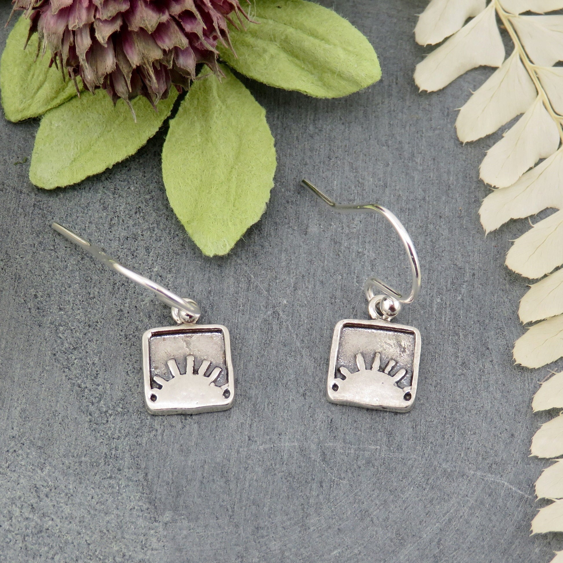 Sterling Sun Earrings | Silver Framed Sun Earrings | Sterling Rustic Sun Pendants| Silver Sun Earrings | Square Sun Earrings | Unique Suns