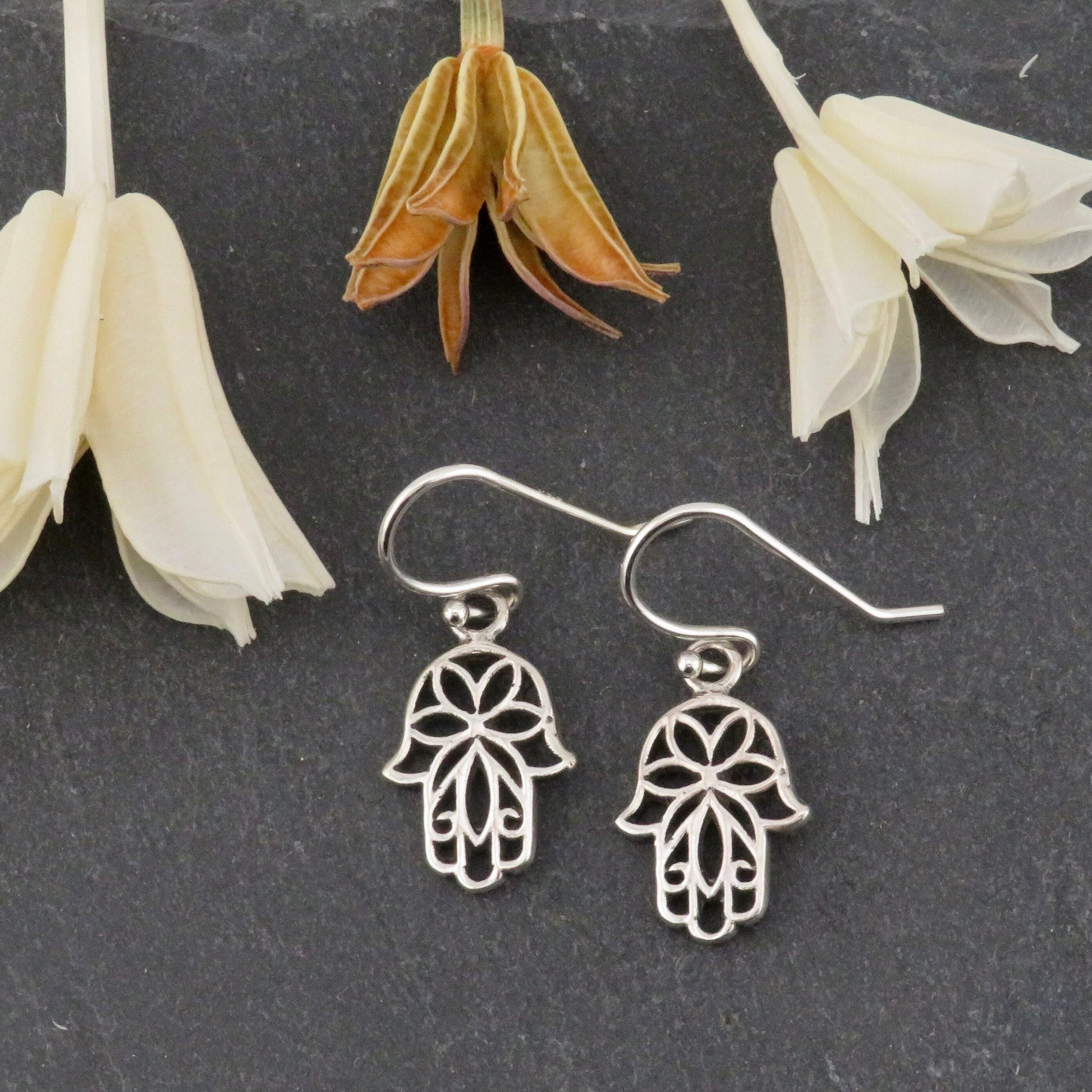 Sterling Hamsa Earrings, Silver Hand Earrings, Unique Hamsa Earrings, Floral Hamsa Earrings, Bat Mitzvah Gift, Judaic Earrings