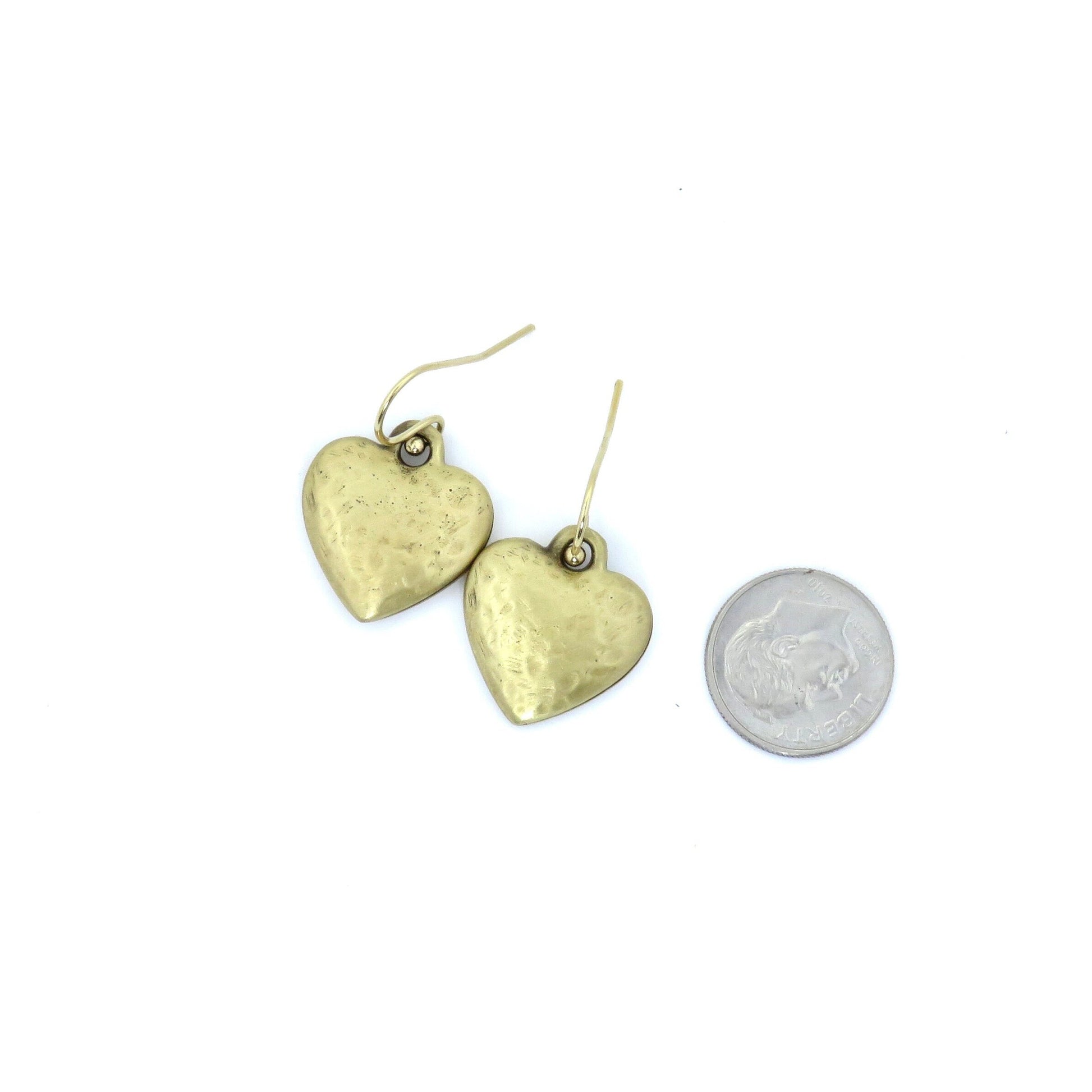 Brushed Gold Heart Earrings, Bronze Heart Earrings, Hammered Heart Earrings, Matte Gold Hearts, Brushed Heart Earrings | Hammered Gold Heart