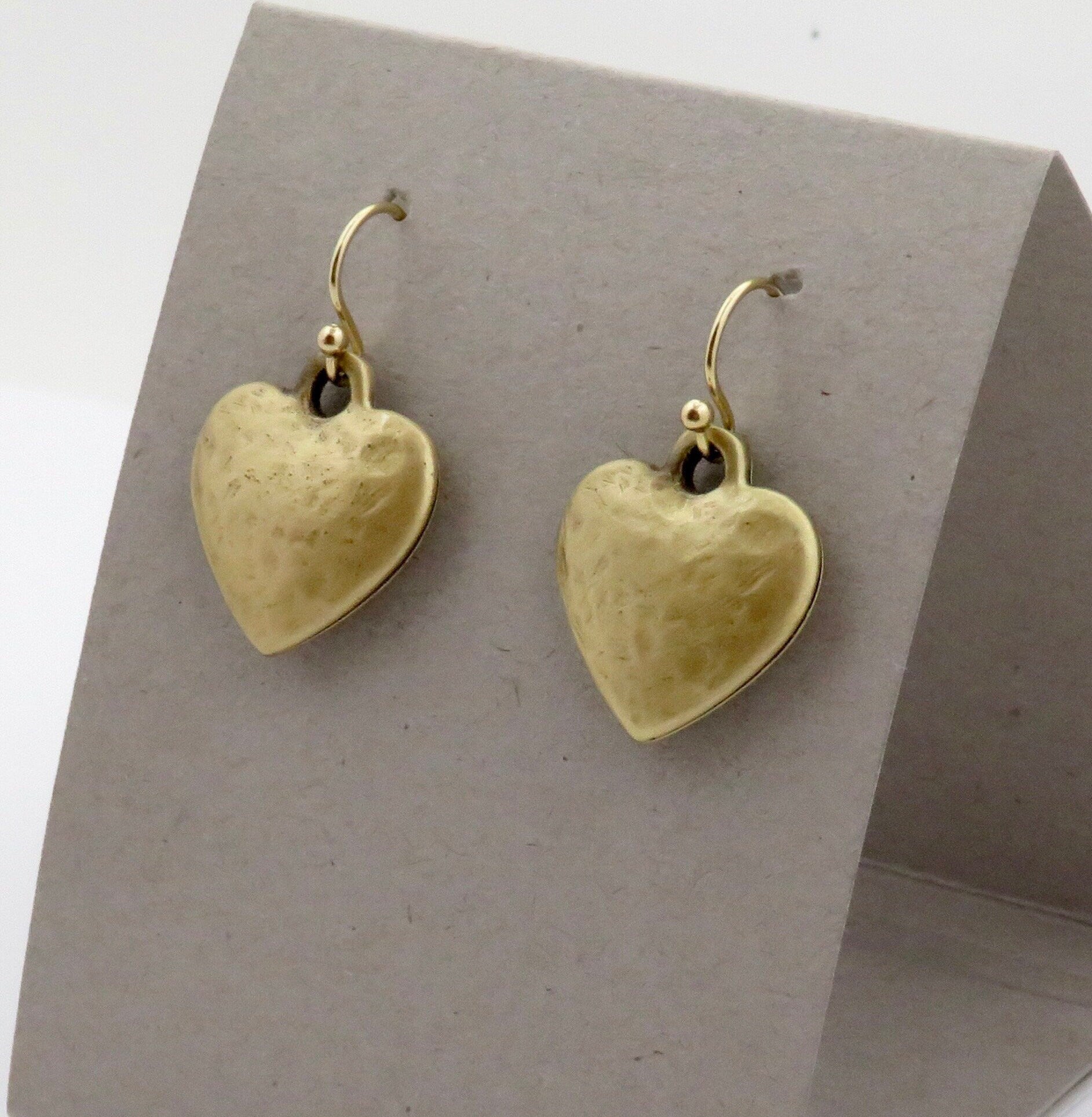 Brushed Gold Heart Earrings, Bronze Heart Earrings, Hammered Heart Earrings, Matte Gold Hearts, Brushed Heart Earrings | Hammered Gold Heart