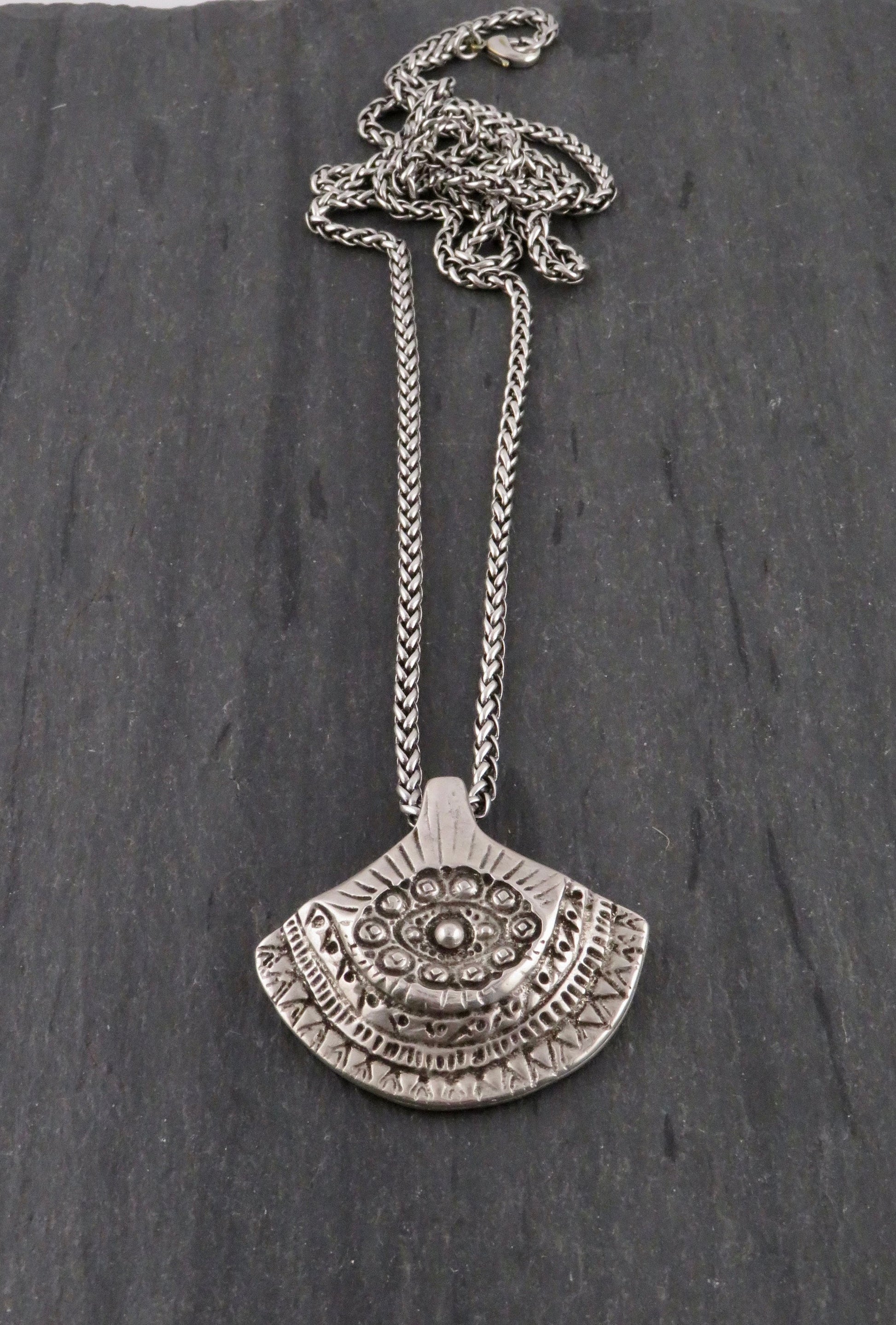 Long Silver Pendant Necklace | Rustic Silver Necklace | Chunky Pendant Necklace | Long Boho Necklace | Tribal Silver Pendant Necklace