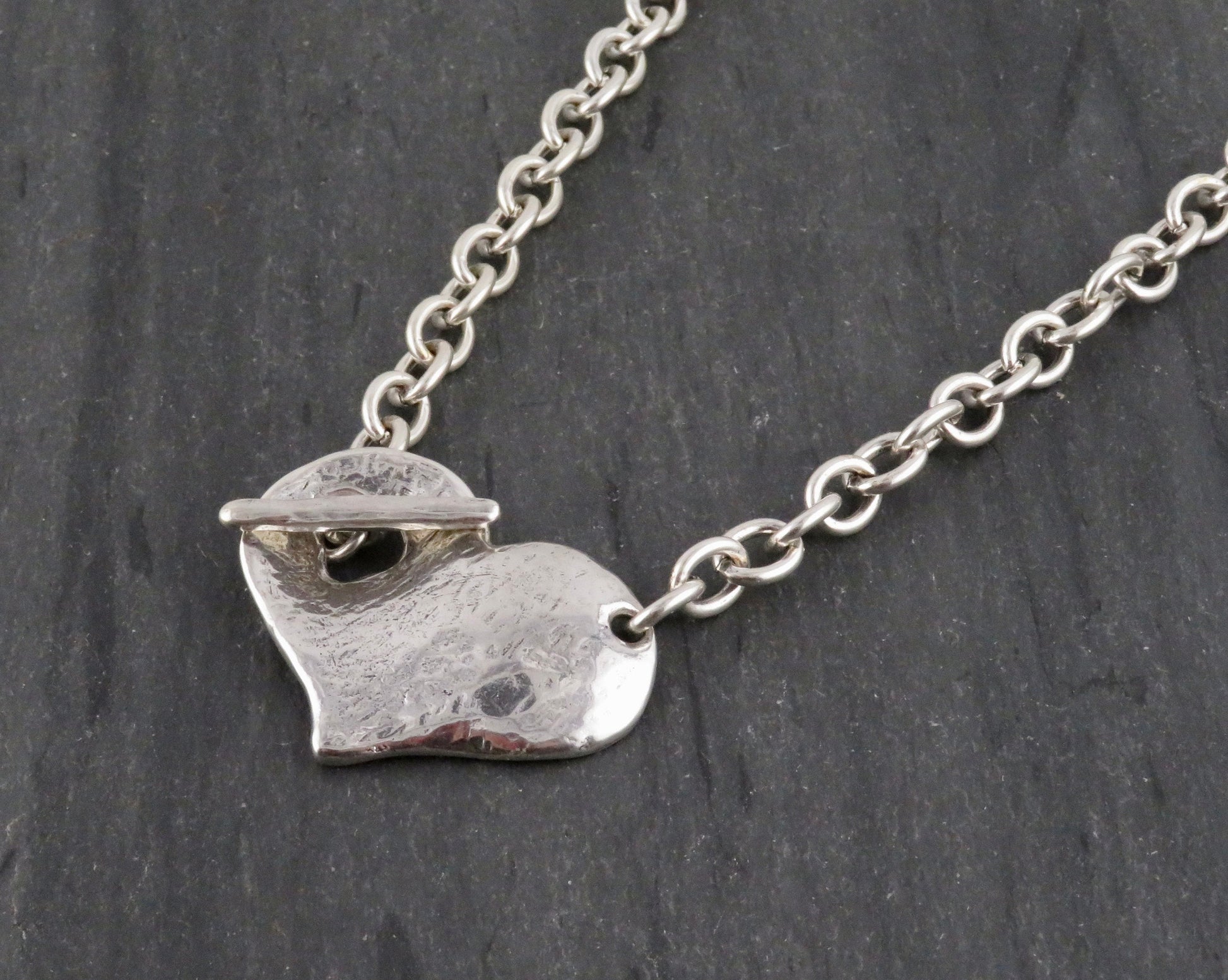 Hammered Silver Heart Necklace | Chunky Heart Necklace | Unique Heart Necklace | Front Toggle Heart Necklace | Matte Silver Heart Necklace