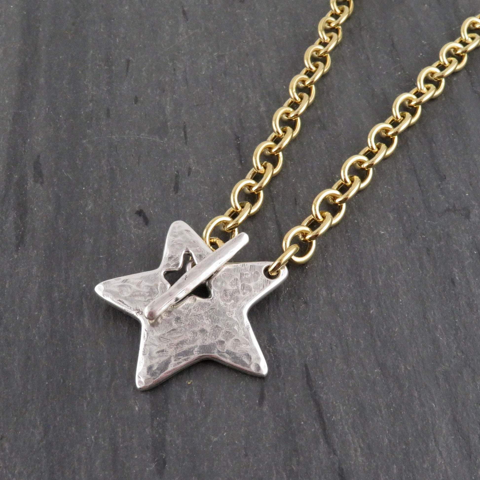 Two Tone Star Necklace | Hammered Star Necklace | Mixed Metal Star Necklace | Chunky Star |Front Toggle Star Necklace | Unique Star Pendant