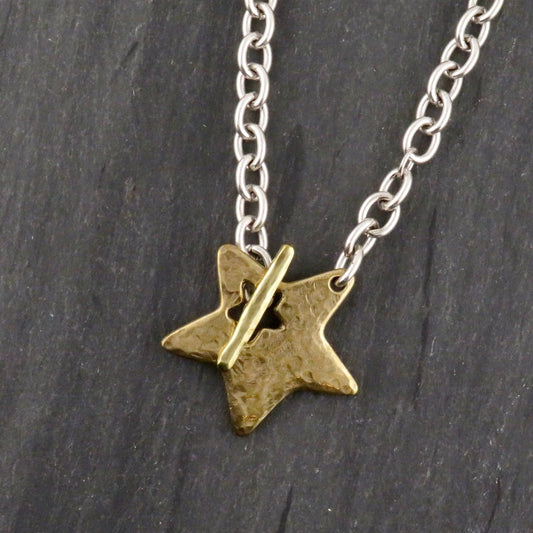 Two Tone Star Necklace | Hammered Star Necklace | Mixed Metal Star Necklace | Chunky Star |Front Toggle Star Necklace | Unique Star Pendant