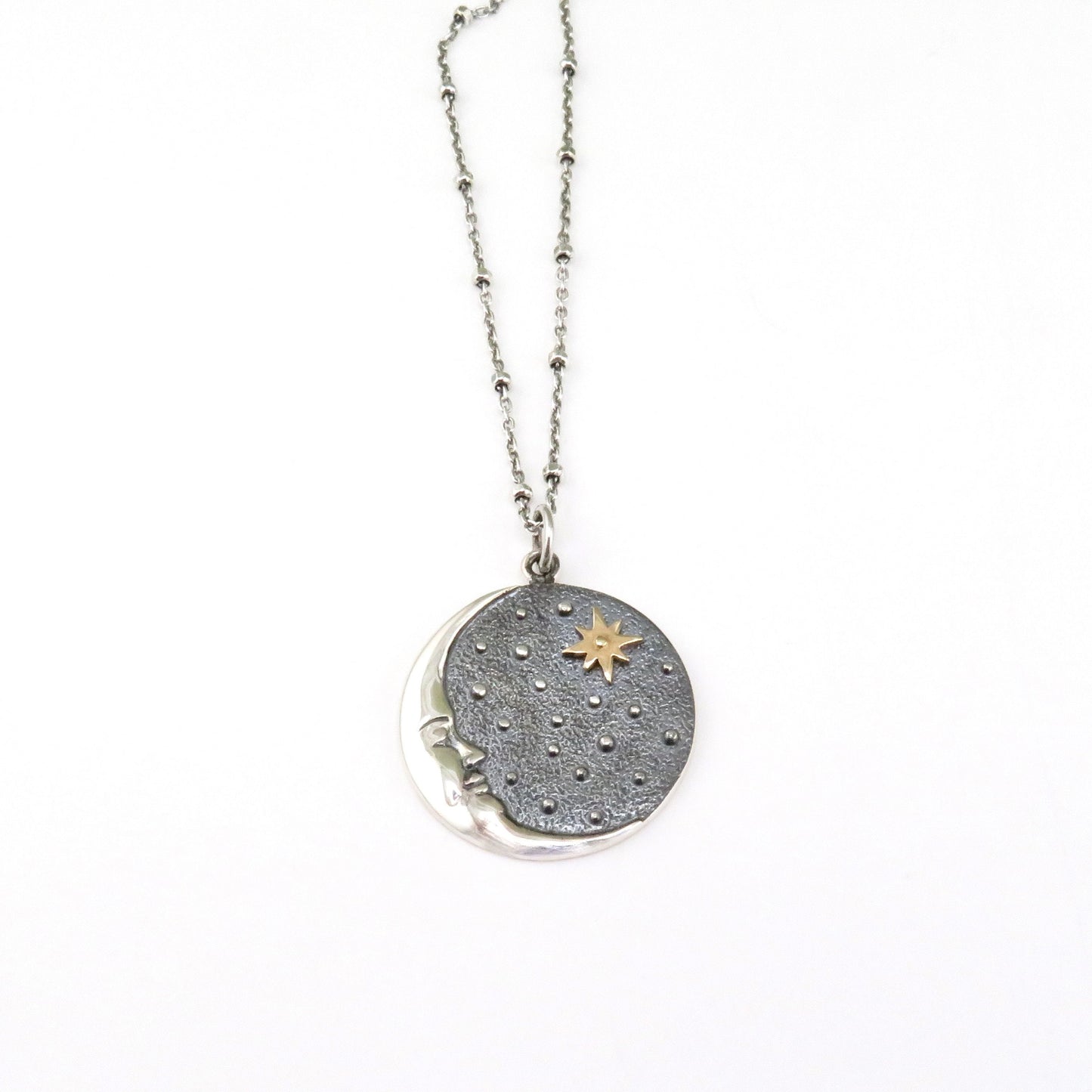 Mixed Metal Celestial Necklace | Two Tone Moon Star Pendant | Silver Gold Moon Necklace | Sterling Moon Star Necklace | Celestial Medallion