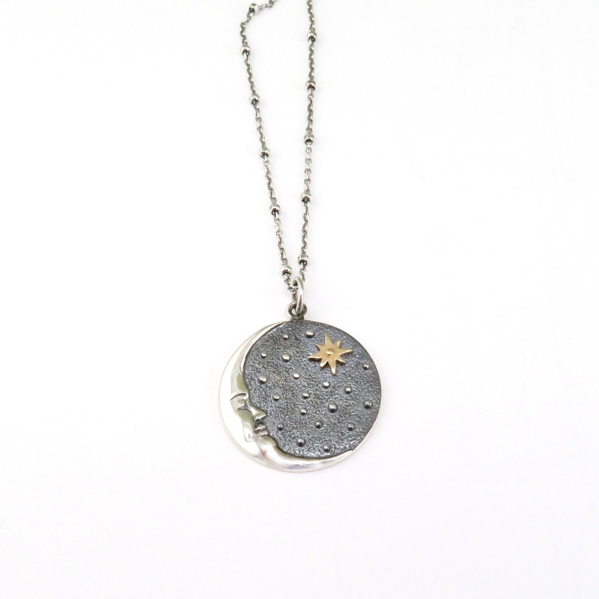 Mixed Metal Celestial Necklace | Two Tone Moon Star Pendant | Silver Gold Moon Necklace | Sterling Moon Star Necklace | Celestial Medallion