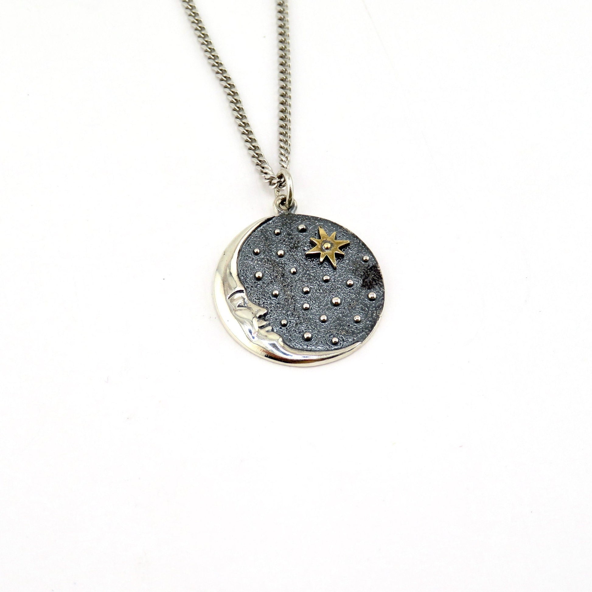 Mixed Metal Celestial Necklace | Two Tone Moon Star Pendant | Silver Gold Moon Necklace | Sterling Moon Star Necklace | Celestial Medallion