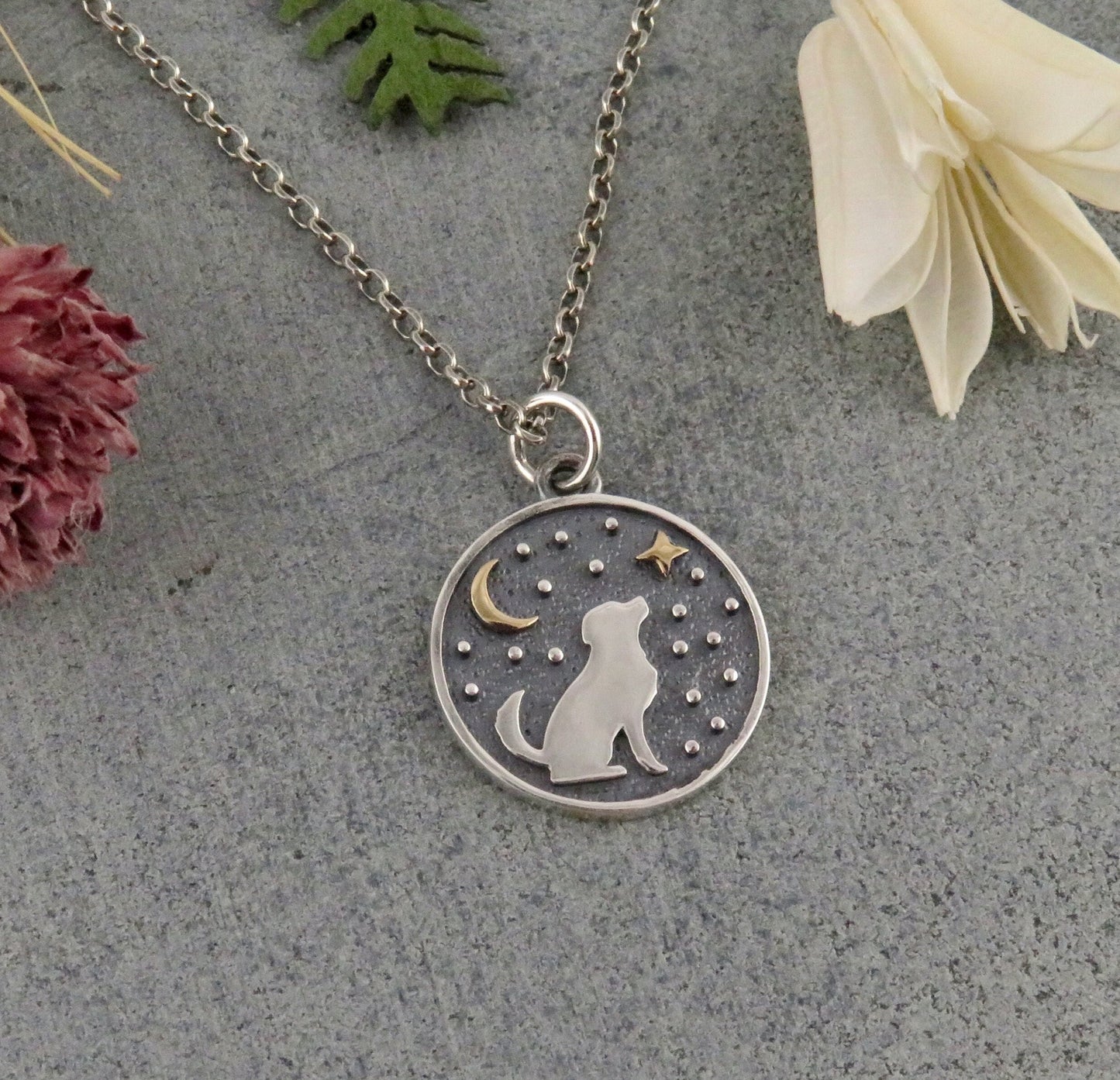 Mixed Metal Dog Necklace | Two Tone Celestial Dog Pendant | Silver Gold Dog Necklace | Sterling Dog Medallion | Celestial Dog Necklace