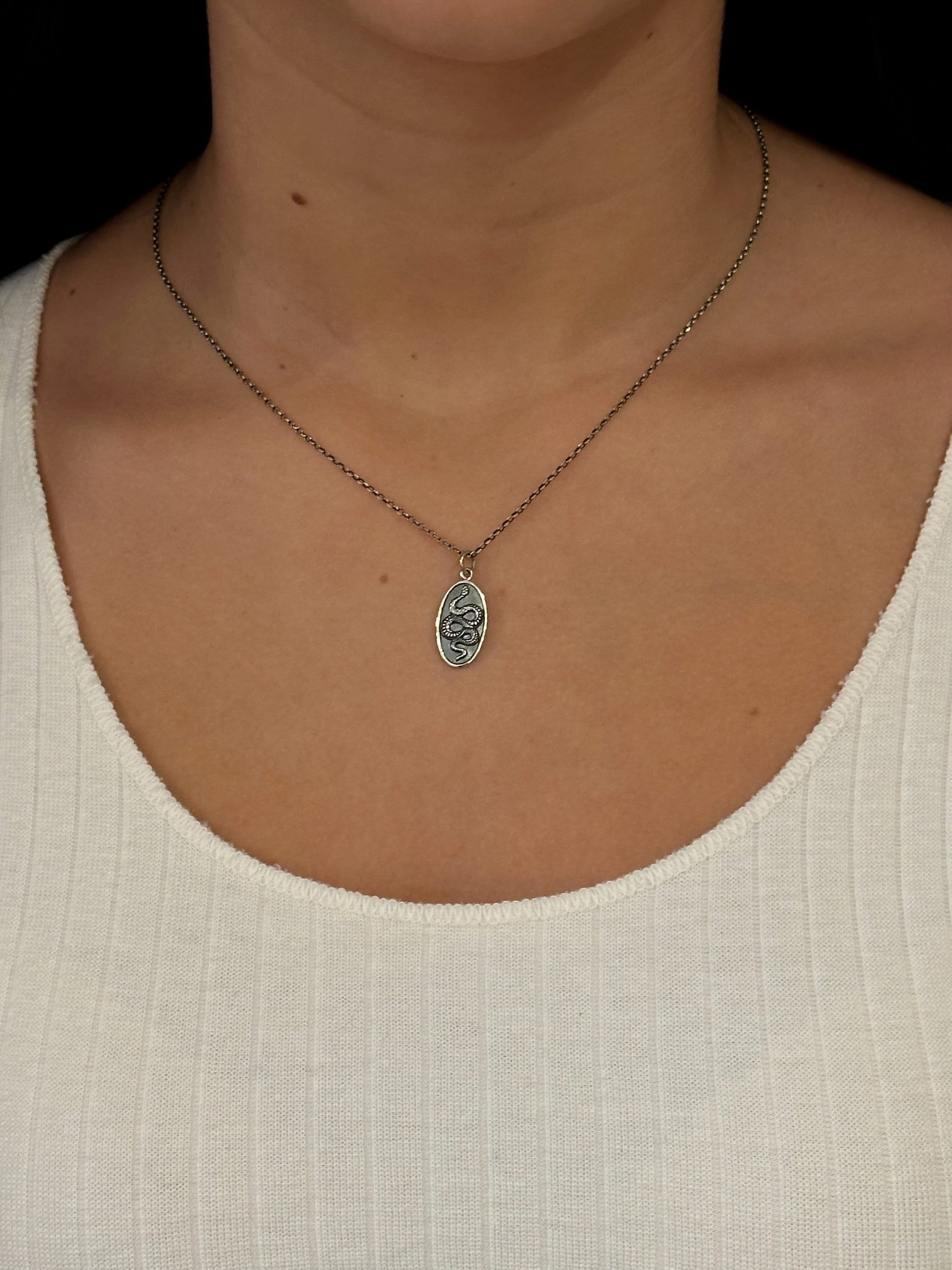 Sterling Silver Snake Necklace | Textured Snake Pendant | Oval Snake Medallion | Snake Disc Pendant | Unique Snake Necklace | Silver Serpent
