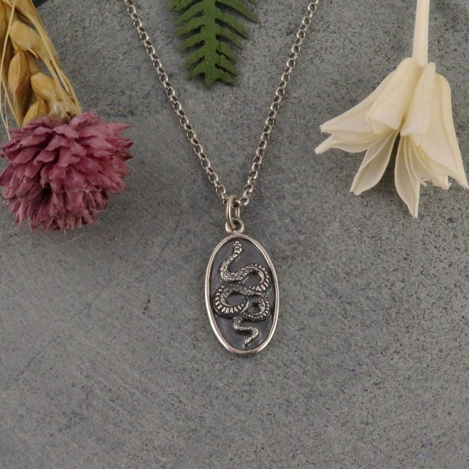 Sterling Silver Snake Necklace | Textured Snake Pendant | Oval Snake Medallion | Snake Disc Pendant | Unique Snake Necklace | Silver Serpent