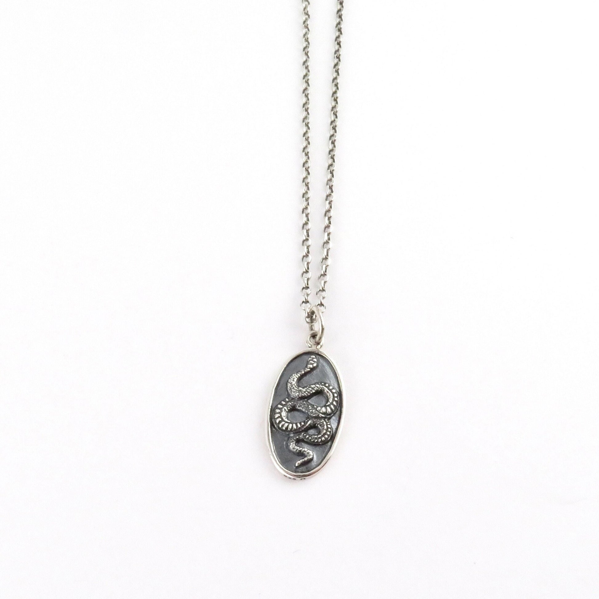 Sterling Silver Snake Necklace | Textured Snake Pendant | Oval Snake Medallion | Snake Disc Pendant | Unique Snake Necklace | Silver Serpent