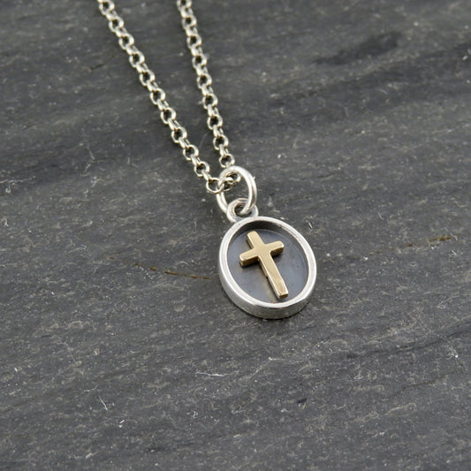 Two Tone Cross Necklace | Silver Gold Cross Pendant | Mixed Metal Cross Necklace | Sterling Cross Necklace | Cross Medallion Pendant