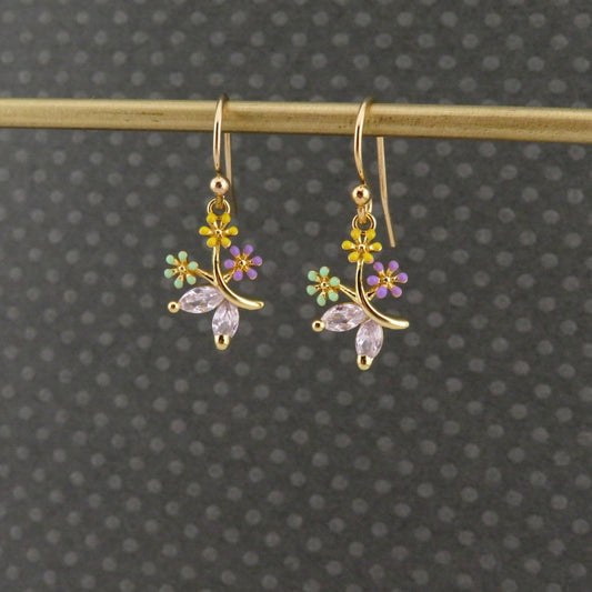 Gold Flower Earrings | Colorful Gold Flower Earrings | CZ Gold Flower Earrings | Sweet Gold Flower Earrings | Enamel Flower Earrings Gold