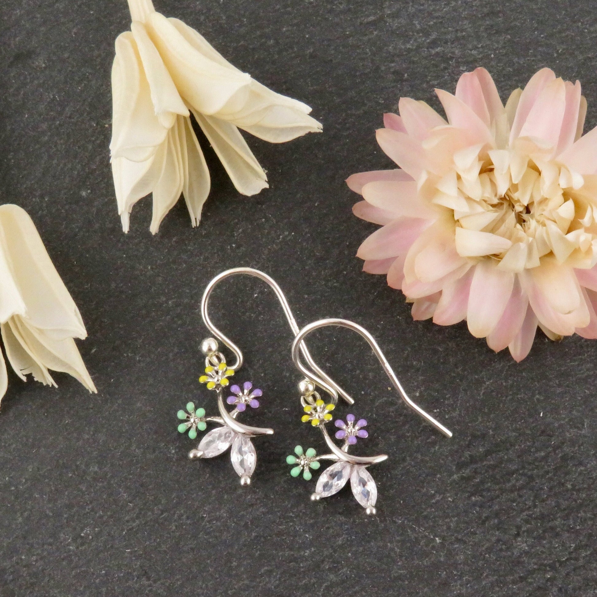 Silver Flower Earrings | Colorful Silver Flower Earrings | CZ Silver Flower Earrings | Sweet Silver Flower Earrings | Enamel Flower Earrings