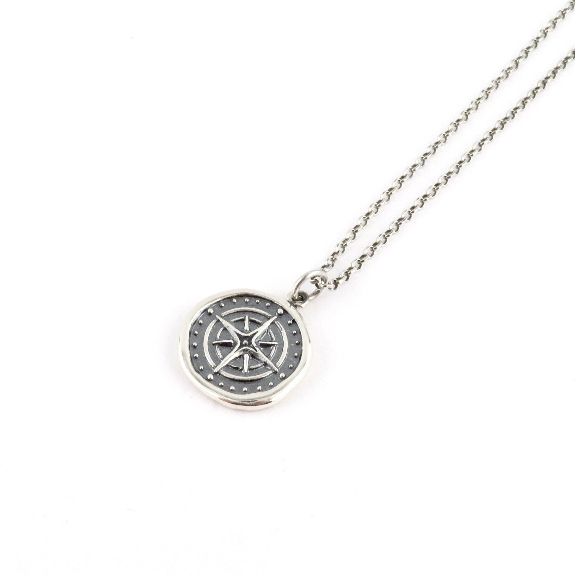 Sterling Compass Necklace | Silver Compass Pendant | Guidance Medallion | Imprint Compass Pendant | Wax Seal Compass Pendant | Compass Disc
