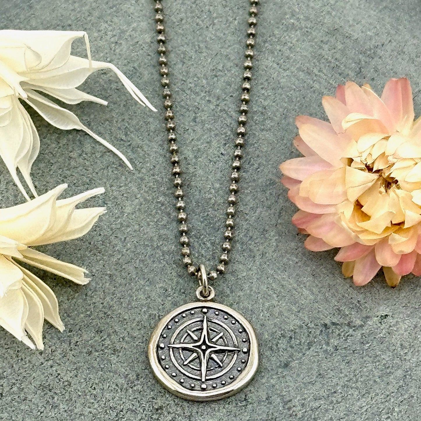 Sterling Compass Necklace | Silver Compass Pendant | Guidance Medallion | Imprint Compass Pendant | Wax Seal Compass Pendant | Compass Disc