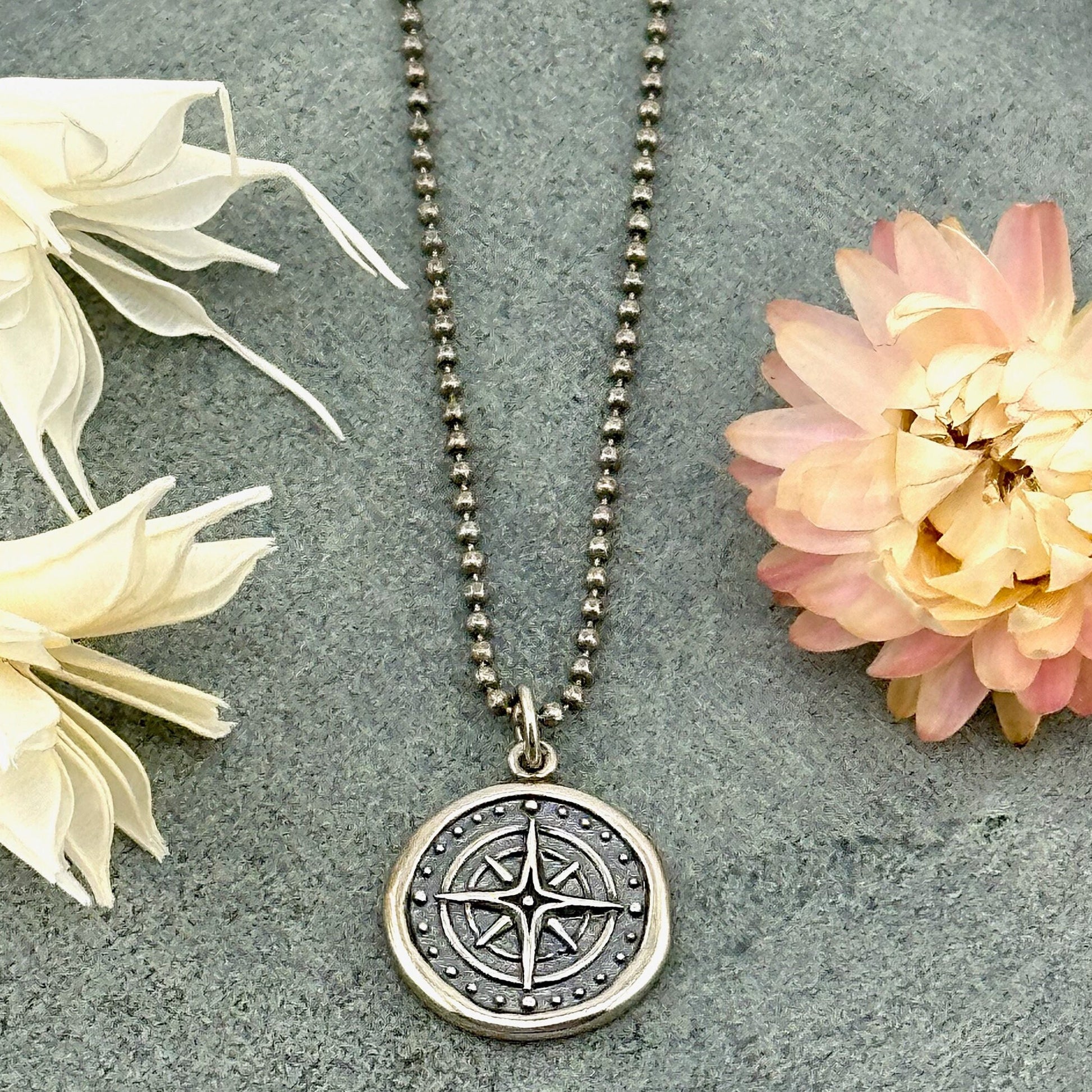 Sterling Compass Necklace | Silver Compass Pendant | Guidance Medallion | Imprint Compass Pendant | Wax Seal Compass Pendant | Compass Disc