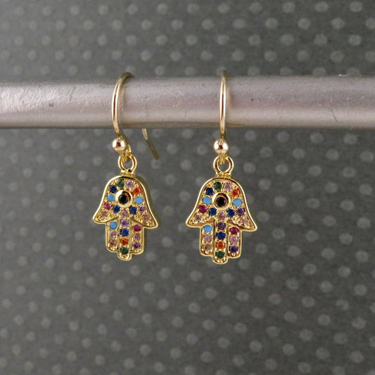 Gold Hamsa Earrings | Multicolored Hamsa Earrings | Colorful Hamsa Hand Earrings | Gold Sparkly Hamsa Earrings | Rainbow CZ Hamsa Earrings