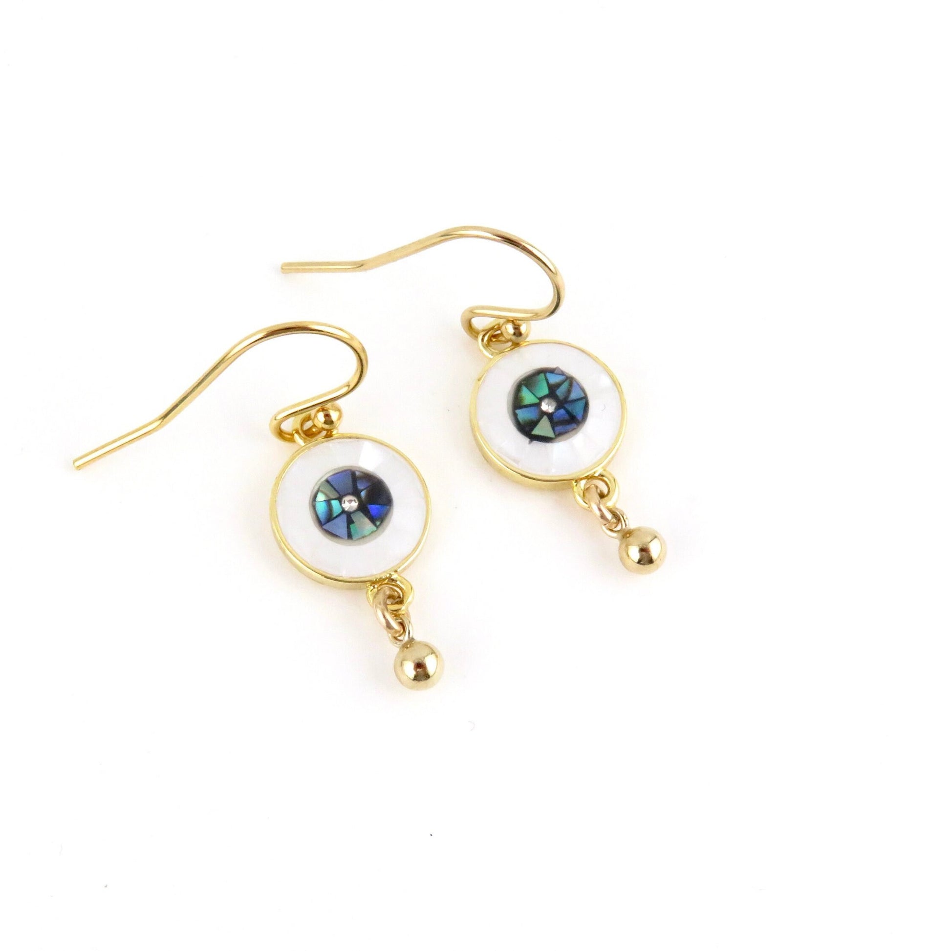Gold Evil Eye Earrings | Pearl Eye Earrings | Mosaic Pearl Earrings | Abalone Gold Eye Earrings | Evil Eye Pearl Earrings | Eye Drop Earring