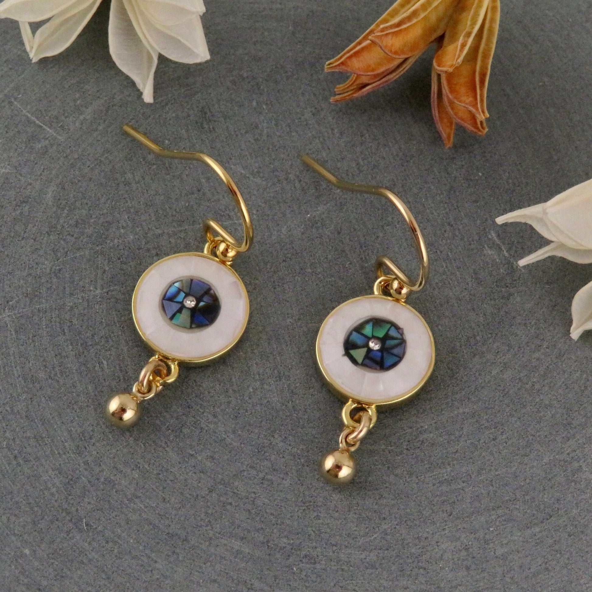 Gold Evil Eye Earrings | Pearl Eye Earrings | Mosaic Pearl Earrings | Abalone Gold Eye Earrings | Evil Eye Pearl Earrings | Eye Drop Earring