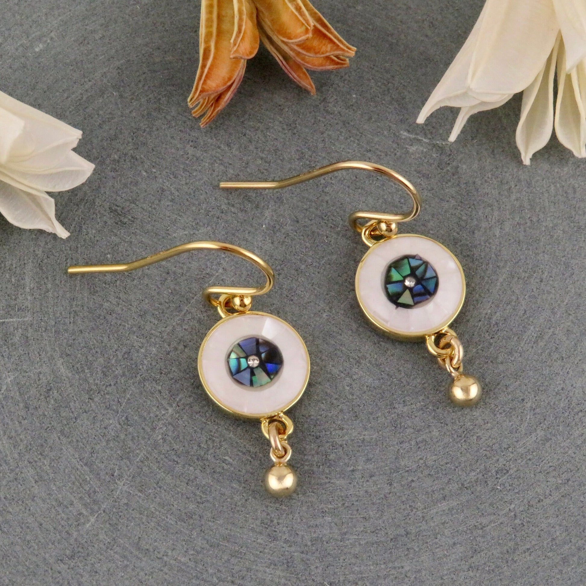 Gold Evil Eye Earrings | Pearl Eye Earrings | Mosaic Pearl Earrings | Abalone Gold Eye Earrings | Evil Eye Pearl Earrings | Eye Drop Earring