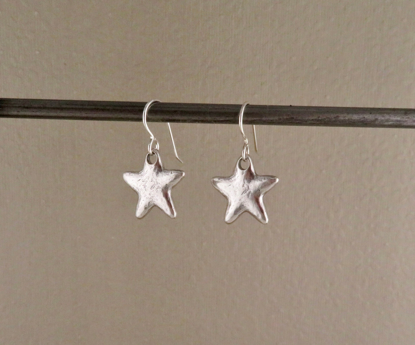 Silver Star Earrings | Rustic Star Earrings | Hammered Star Earrings | Brushed Matte Silver Star Earrings | Simple Star Pendant Earrings