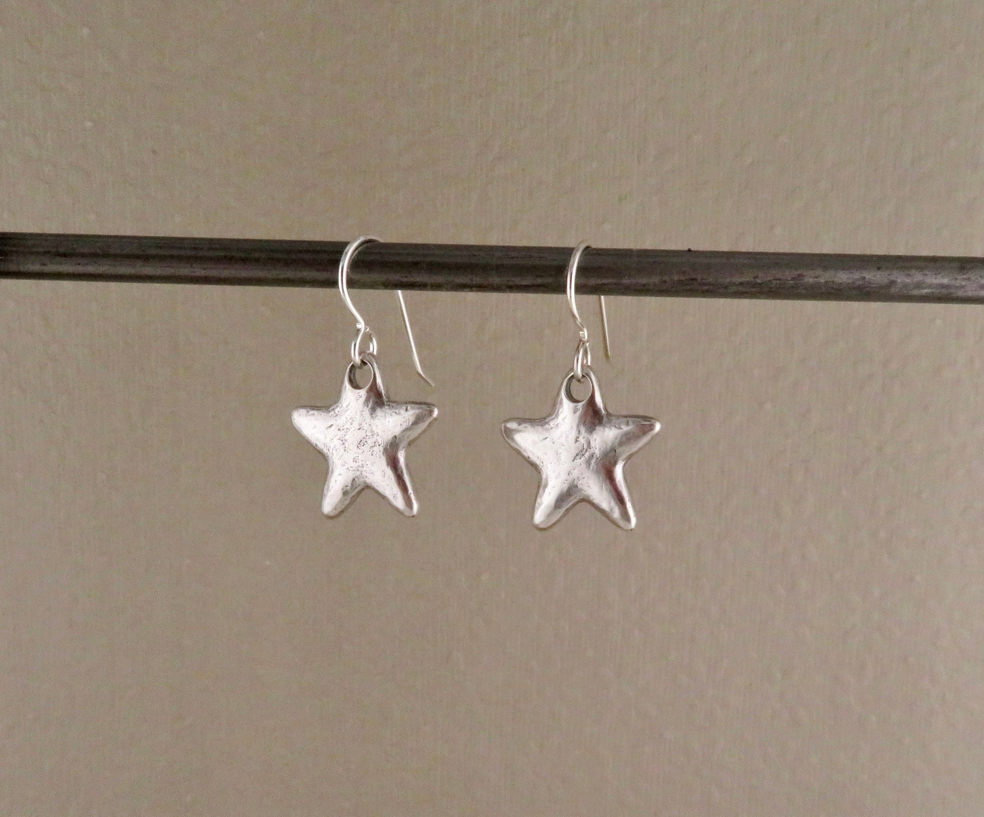 Silver Star Earrings | Rustic Star Earrings | Hammered Star Earrings | Brushed Matte Silver Star Earrings | Simple Star Pendant Earrings