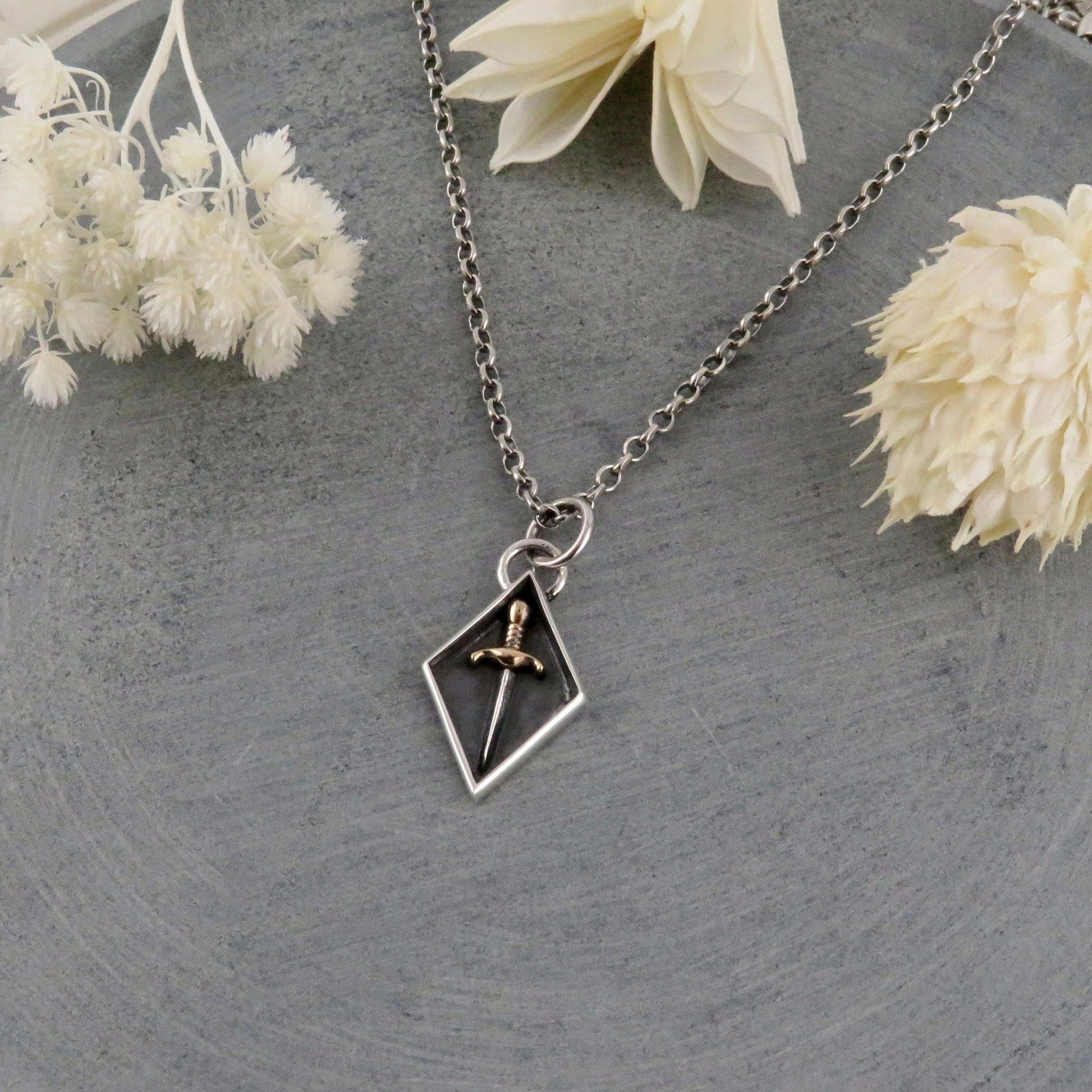 Dagger Necklace | Sterling Sword Pendant | Mixed Metal Sword Necklace | Silver Gold Dagger | Dagger Seal Necklace | Two Tone Dagger Pendant