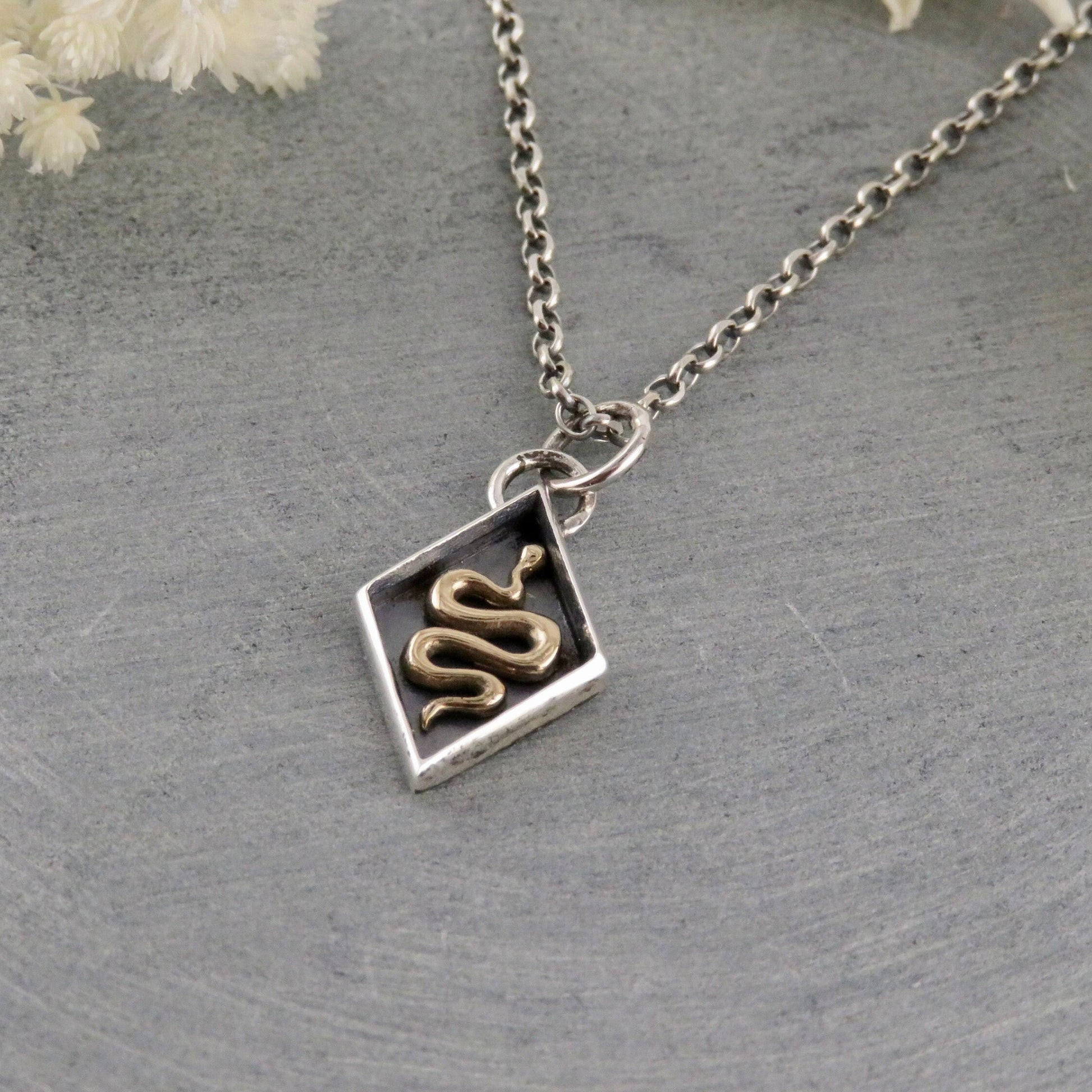 Sterling Silver Snake Necklace | Mixed Metal Snake Pendant | Two Tone Snake | Gold Snake | Unique Snake Necklace | Snake Seal Diamond