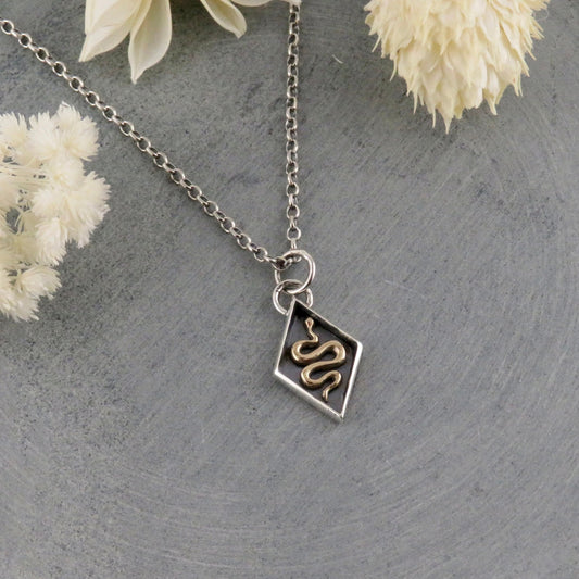 Sterling Silver Snake Necklace | Mixed Metal Snake Pendant | Two Tone Snake | Gold Snake | Unique Snake Necklace | Snake Seal Diamond