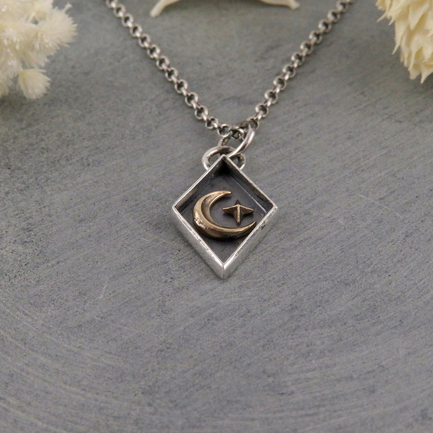 Sterling Silver Celestial Necklace | Mixed Metal Moon Pendant | Two Tone Moon Star Pendant | Celestial Seal Necklace | Gold Moon Star