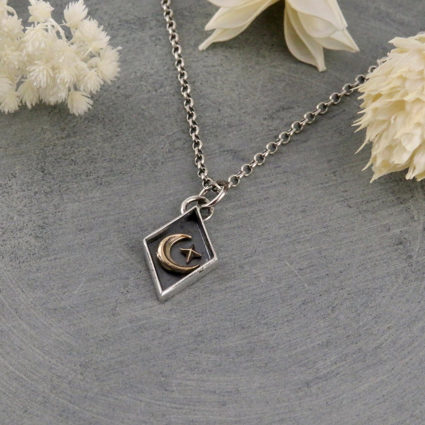 Sterling Silver Celestial Necklace | Mixed Metal Moon Pendant | Two Tone Moon Star Pendant | Celestial Seal Necklace | Gold Moon Star