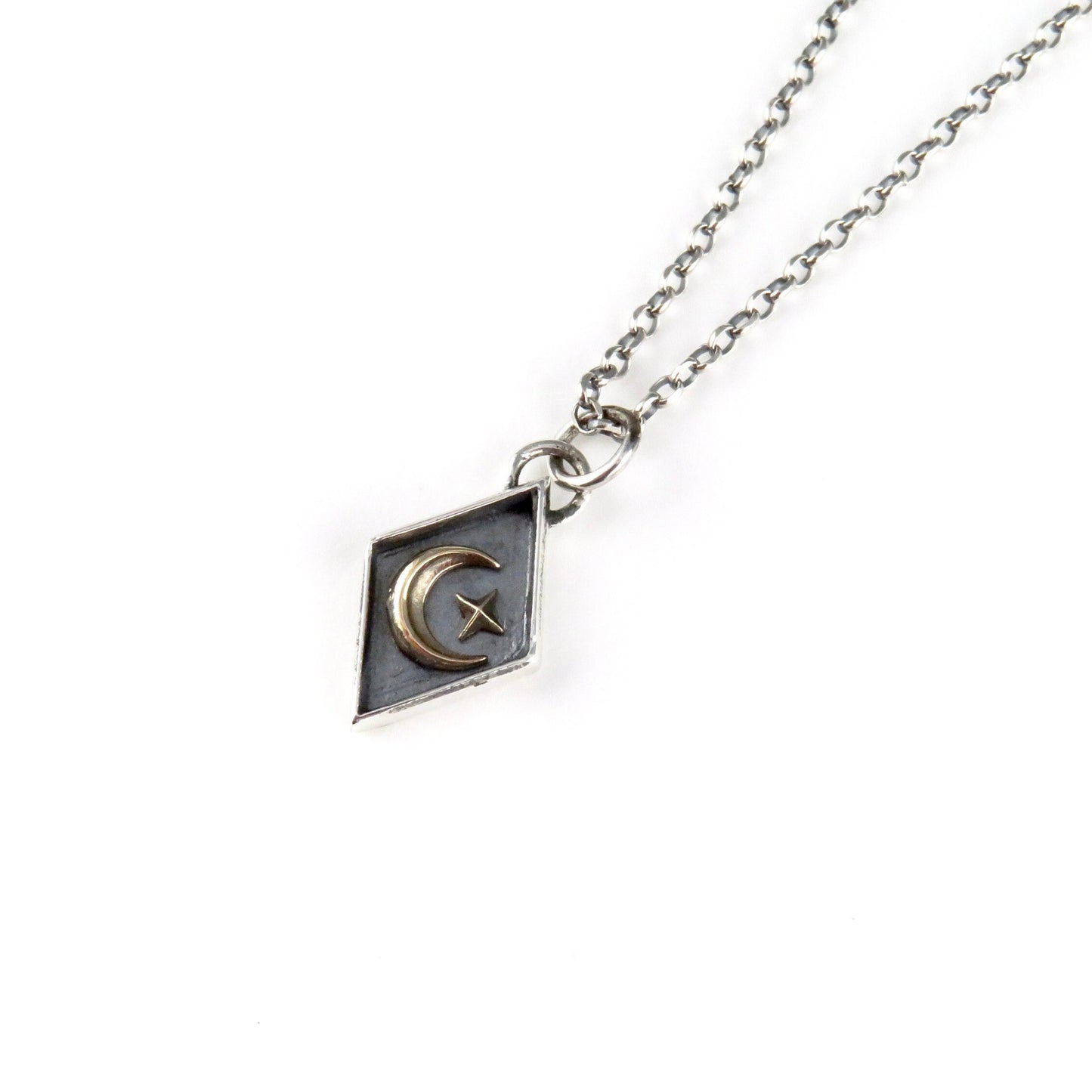 Sterling Silver Celestial Necklace | Mixed Metal Moon Pendant | Two Tone Moon Star Pendant | Celestial Seal Necklace | Gold Moon Star
