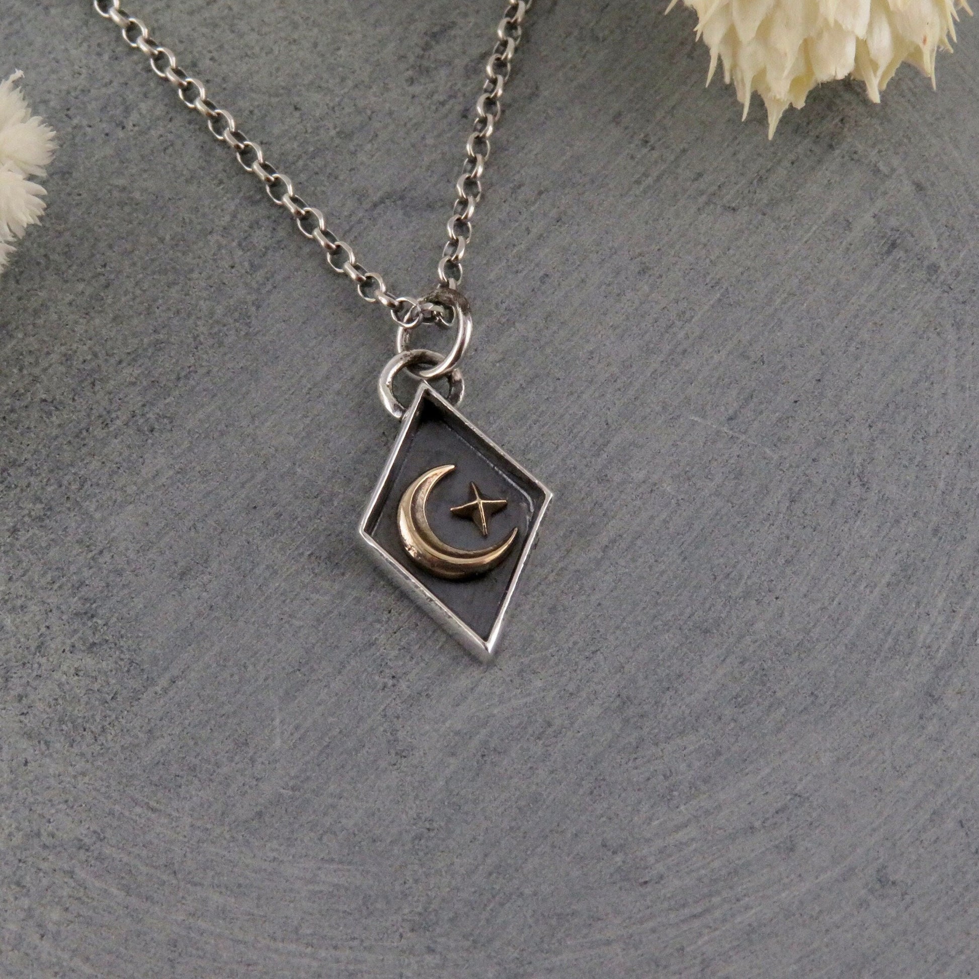 Sterling Silver Celestial Necklace | Mixed Metal Moon Pendant | Two Tone Moon Star Pendant | Celestial Seal Necklace | Gold Moon Star