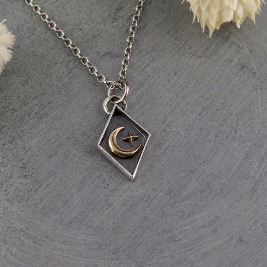 Sterling Silver Celestial Necklace | Mixed Metal Moon Pendant | Two Tone Moon Star Pendant | Celestial Seal Necklace | Gold Moon Star