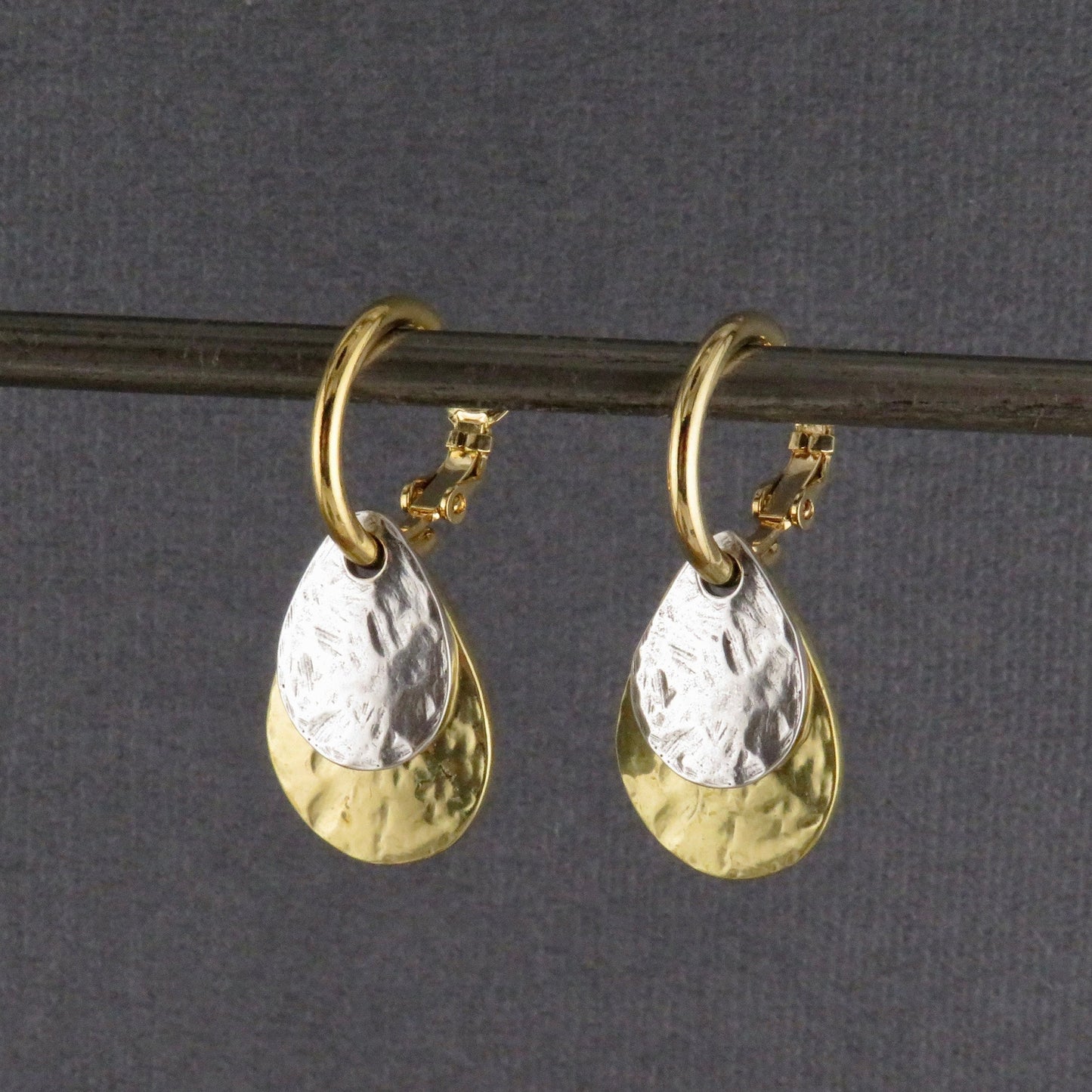 Two Tone Teardrop Earrings | Hammered Drop Earrings | Mixed Metal Hoops | Silver Gold Drop Earrings | Two Tone Hoops | Hammered Rustic Hoops