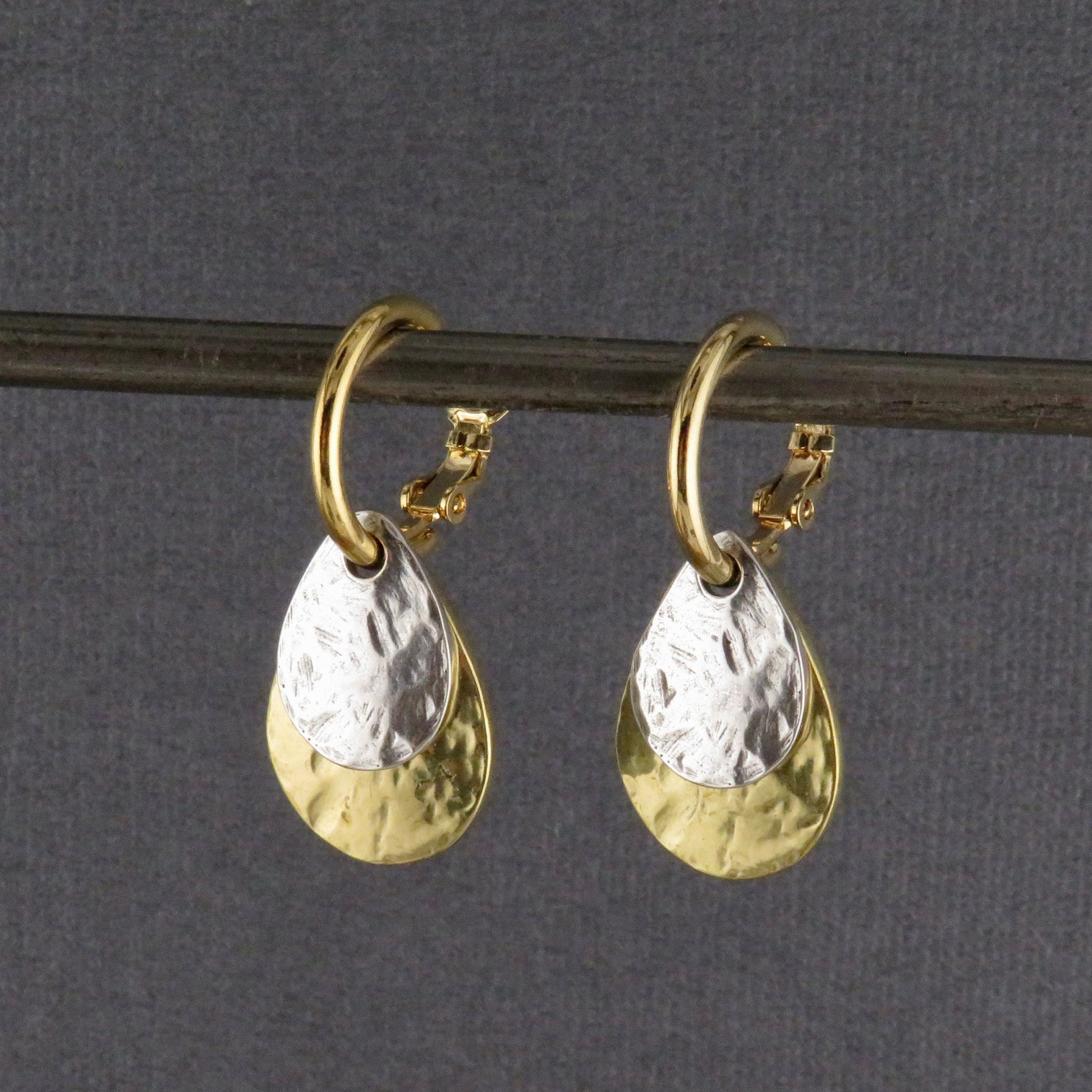 Two Tone Teardrop Earrings | Hammered Drop Earrings | Mixed Metal Hoops | Silver Gold Drop Earrings | Two Tone Hoops | Hammered Rustic Hoops