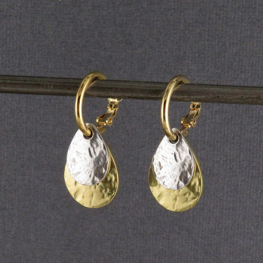 Two Tone Teardrop Earrings | Hammered Drop Earrings | Mixed Metal Hoops | Silver Gold Drop Earrings | Two Tone Hoops | Hammered Rustic Hoops