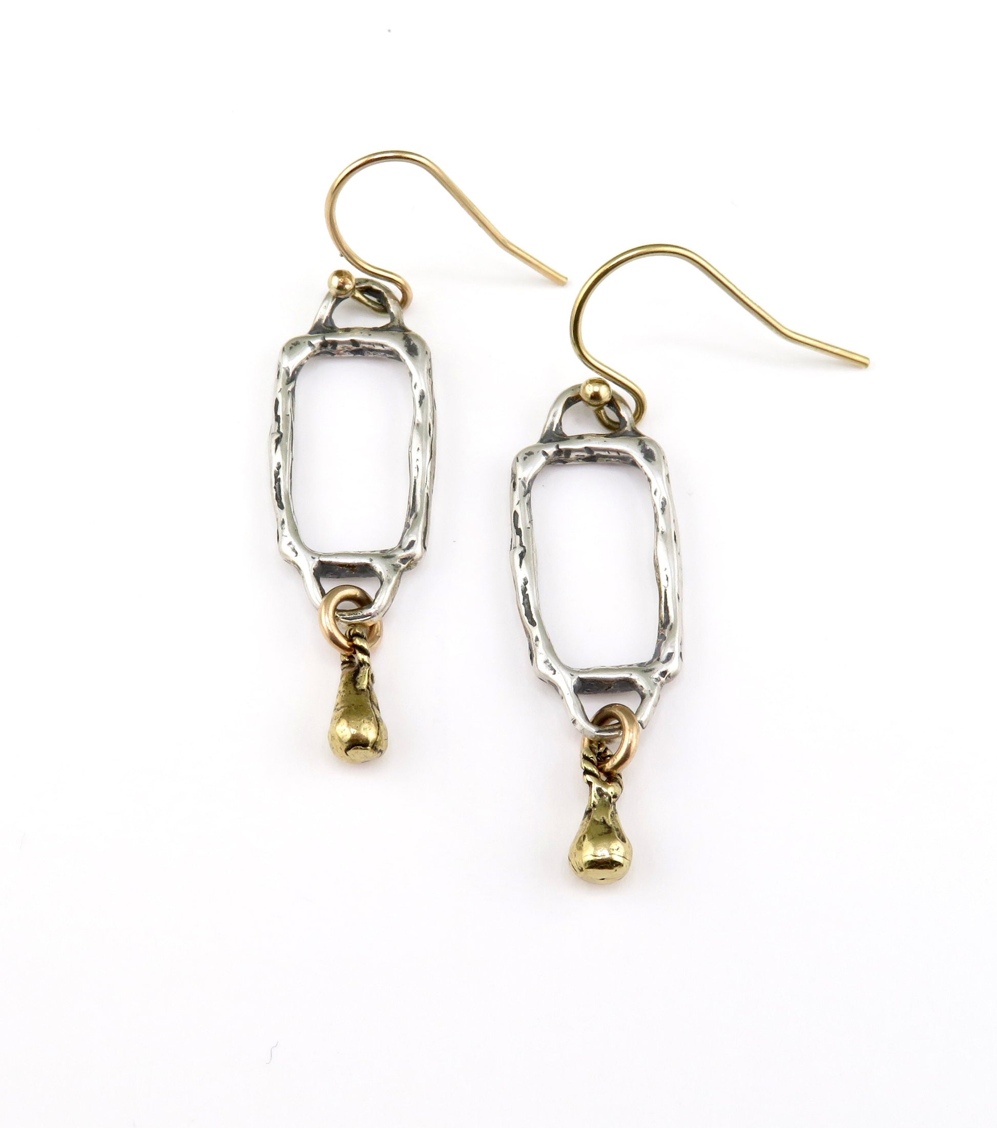 Silver Gold Earrings | Hammered Two Tone Earring | Mixed Metal Earrings | Rectangle Drop Earrings | Open Geometric Earrings | Unique Earring