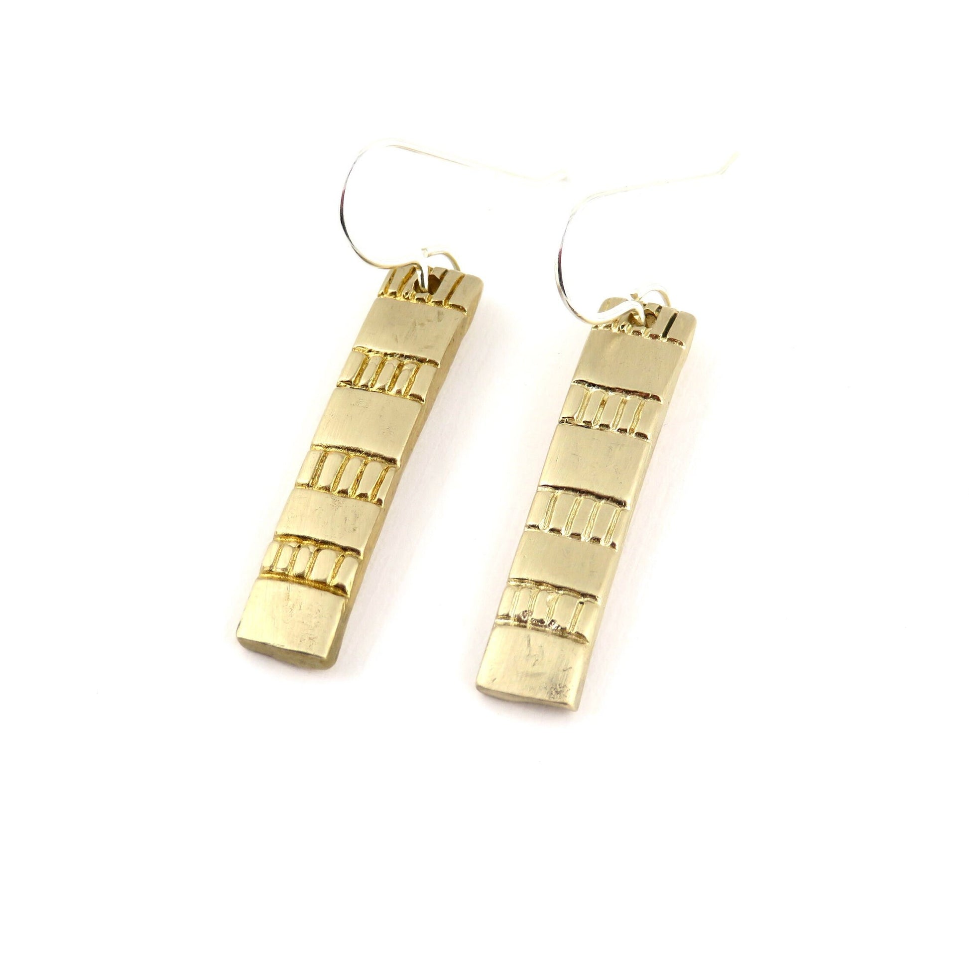 Gold Rectangle Earrings | Hammered Bronze Earring | Rustic Earrings | Rectangle Drop Earrings | Etched Bronze Geometric Earrings