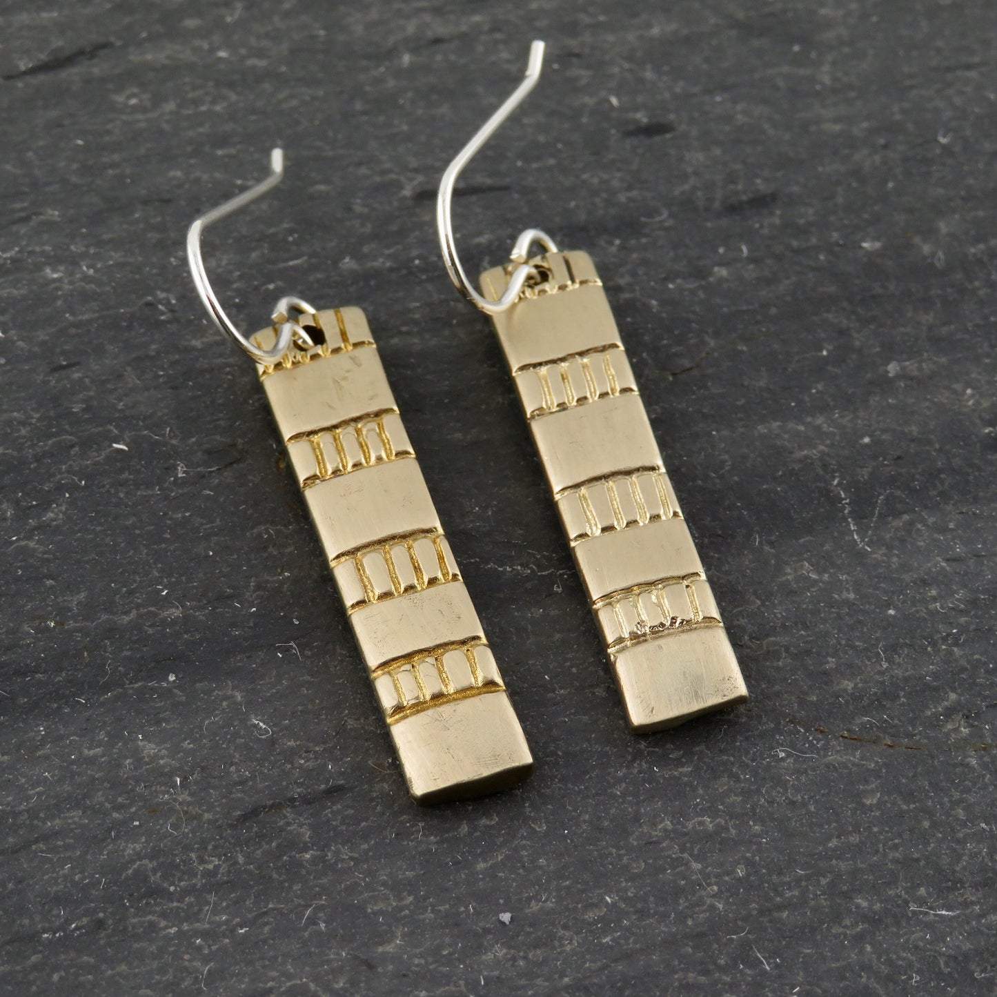 Gold Rectangle Earrings | Hammered Bronze Earring | Rustic Earrings | Rectangle Drop Earrings | Etched Bronze Geometric Earrings