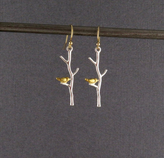 Sterling Branch Earrings | Silver Tree Branch Earrings | Mixed Metal Branch Earrings | Bird in Tree Earrings | Bird on Branch Earrings